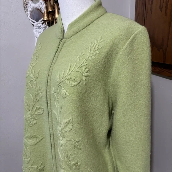 Vintage Green Wool Floral Brocade Cardigan Button Jacket Size Large Appleseed's - Picture 2 of 8